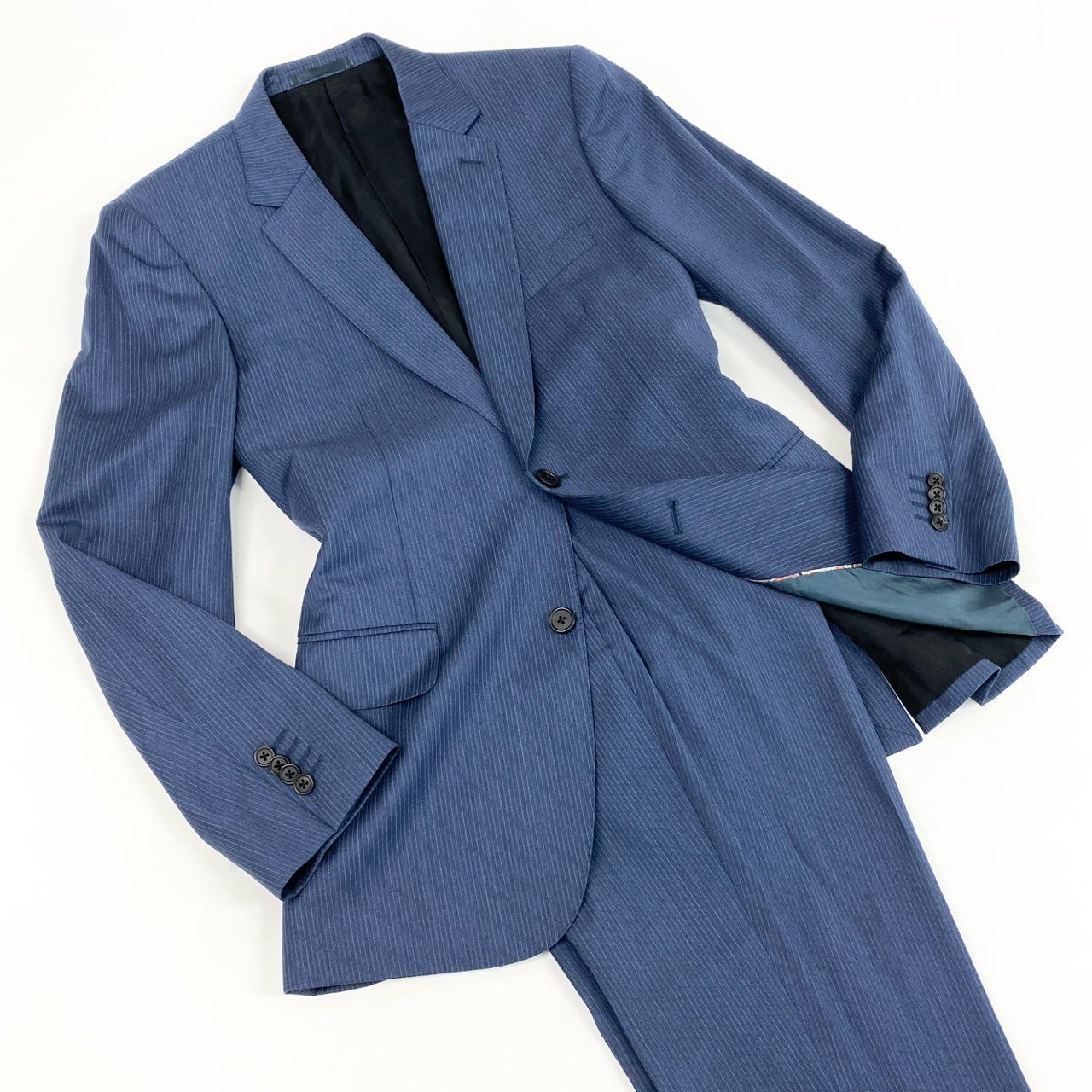 32d11 《美品》 Paul Smith ポールスミス シングルスーツ セットアップ イタリア製 エルメネジルドゼニア社生地 サイズXL ブルー ストライプ メンズ 日本製