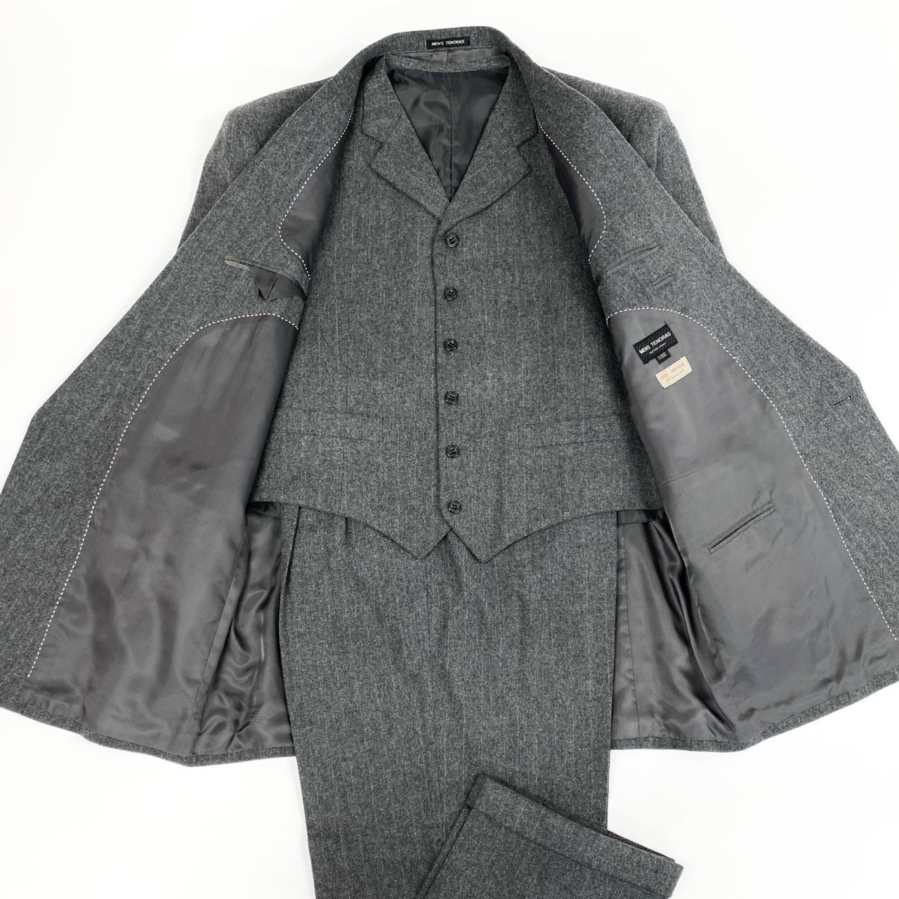 79j9 MEN’S TENORAS メンズティノラス スリーピース スーツセットアップ ダブルプレスト テーラードジャケット ジレ スラックス XL グレー メンズo07t