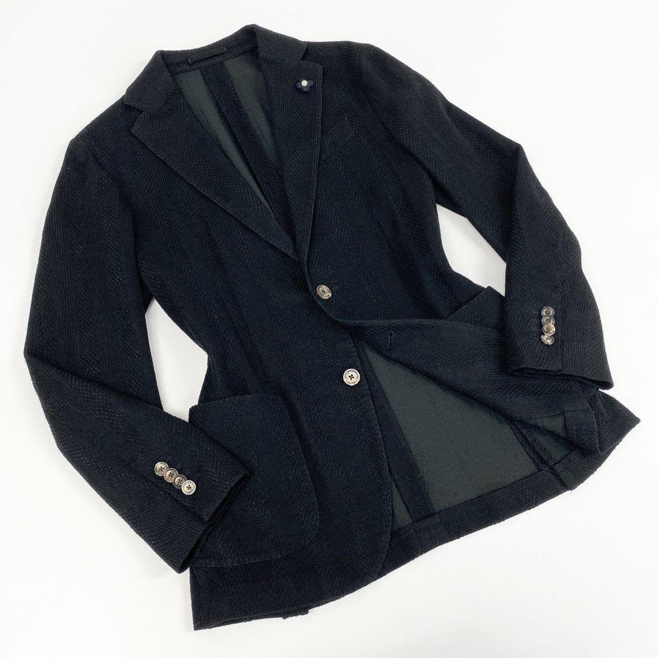 45e9 【イタリア製】LARDINI ラルディーニ LIKNIT ブートニエール ジャガード織模様 ニットジャケット テーラードジャケット サイズ44REG ブラック メンズ ブレザー ドレス