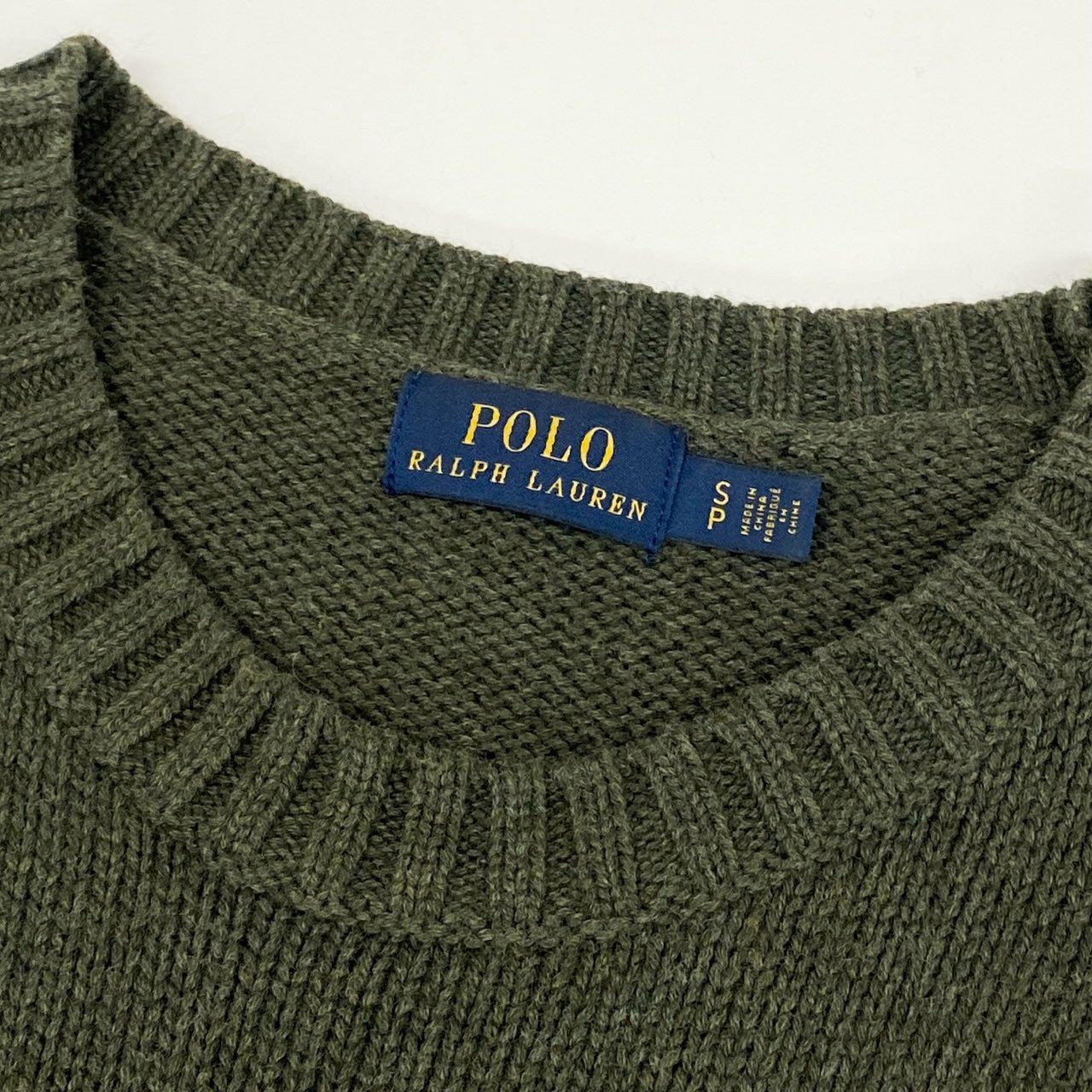 13f7 POLO RALPH LAUREN ポロラルフローレン POLO BEAR ポロベア クルーネック ニット セーター ロゴ刺繍 Sサイズ カーキ オリーブ コットン メンズ