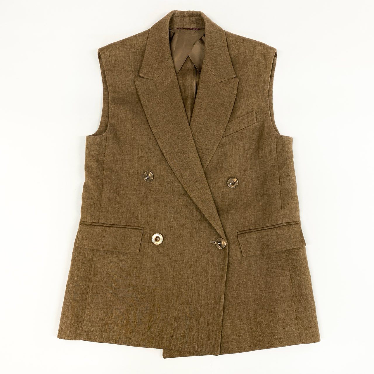 18f19 《美品》 Max Mara マックスマーラ 2023年 ダブルブレスト ジレ ベスト ノースリーブジャケット 24162810126 サイズ36 ベージュ リネン100% レディース