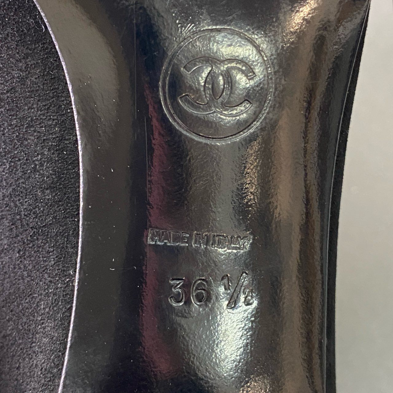 4e2 《美品》 CHANEL シャネル チェーントゥ スエードパンプス 36 1/2 ブラック レザー シューズ イタリア製 レトロ ヴィンテージ