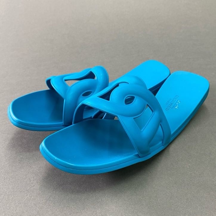 3d3 《未使用品》 HERMES エルメス ALOHA アロハ シェーヌダンクル サンダル 38 ブルー ラバー フラット シューズ イタリア製 夏