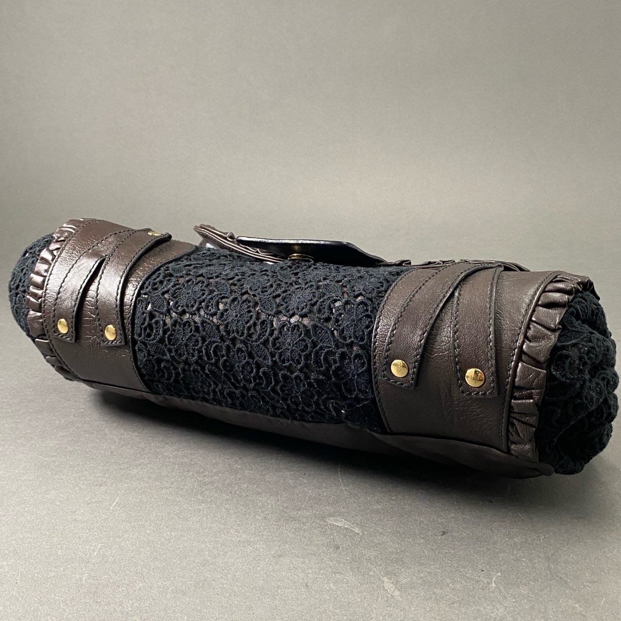 Ae19 DOLCE&GABBANA ドルチェアンドガッバーナ レース レザー ワンショルダーバッグ ハンドバッグ D&G ドルガバ ブラウン ブラック leather