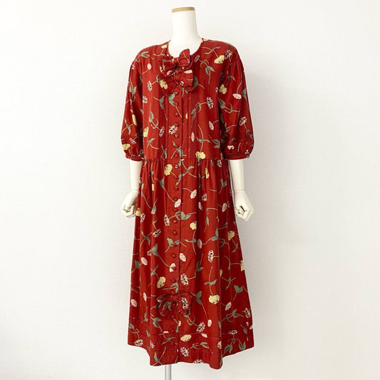 52e7 PINK HOUSE ピンクハウス ロングワンピース シャツワンピース 花柄ワンピース 半袖ワンピース  レッド コットン100% レディース