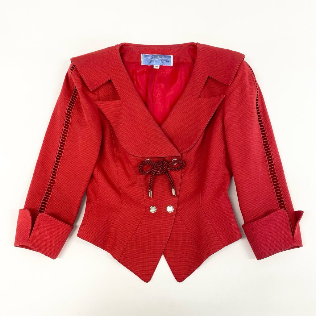 63d8-11 Thierry mugler ティエリー ミューグレー テーラードジャケット 変形ジャケット ダブル ドローストリング サイズ9AR レッド コットン100% レディース 日本製