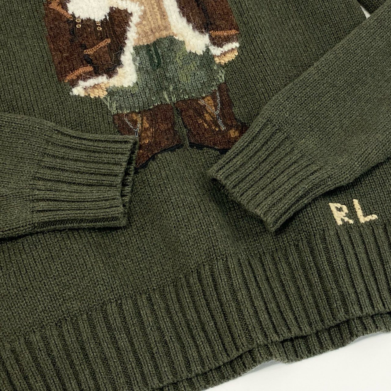 13f7 POLO RALPH LAUREN ポロラルフローレン POLO BEAR ポロベア クルーネック ニット セーター ロゴ刺繍 Sサイズ カーキ オリーブ コットン メンズ