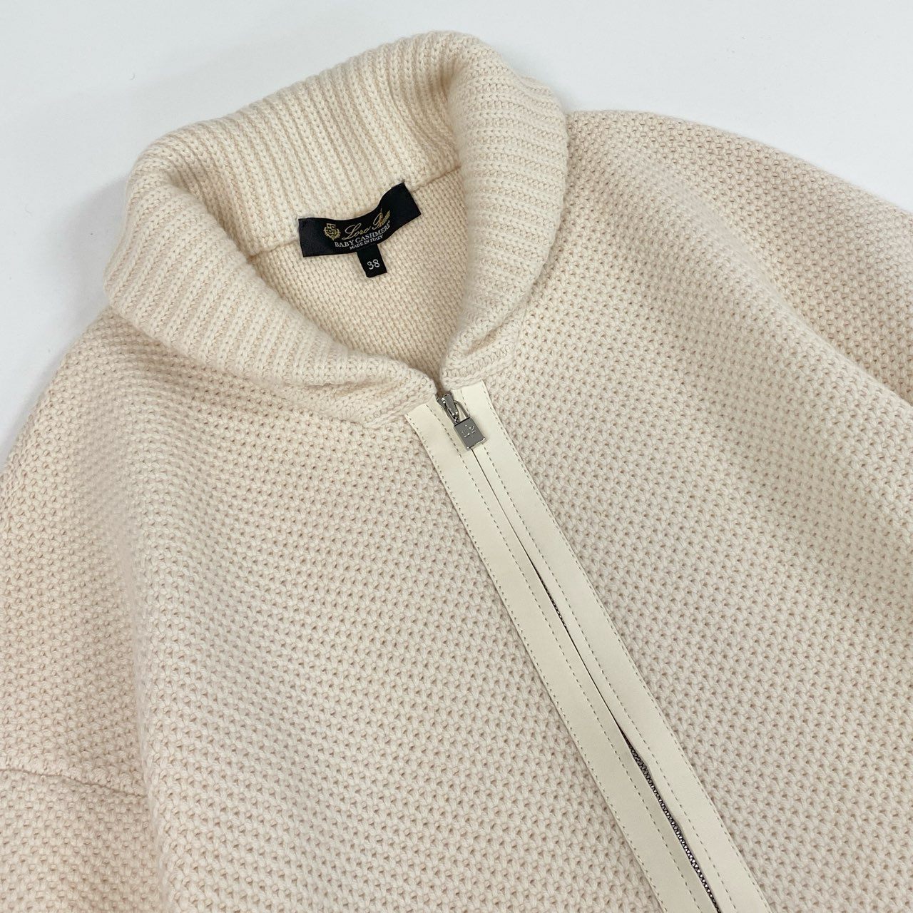 1l14 【極美品】 Loro Piana ロロピアーナ ショールカラー ベビーカシミヤ100% レザーパイピング ローゲージニットカーディガン サイズ38 クリーム ジップカーディガン レディース