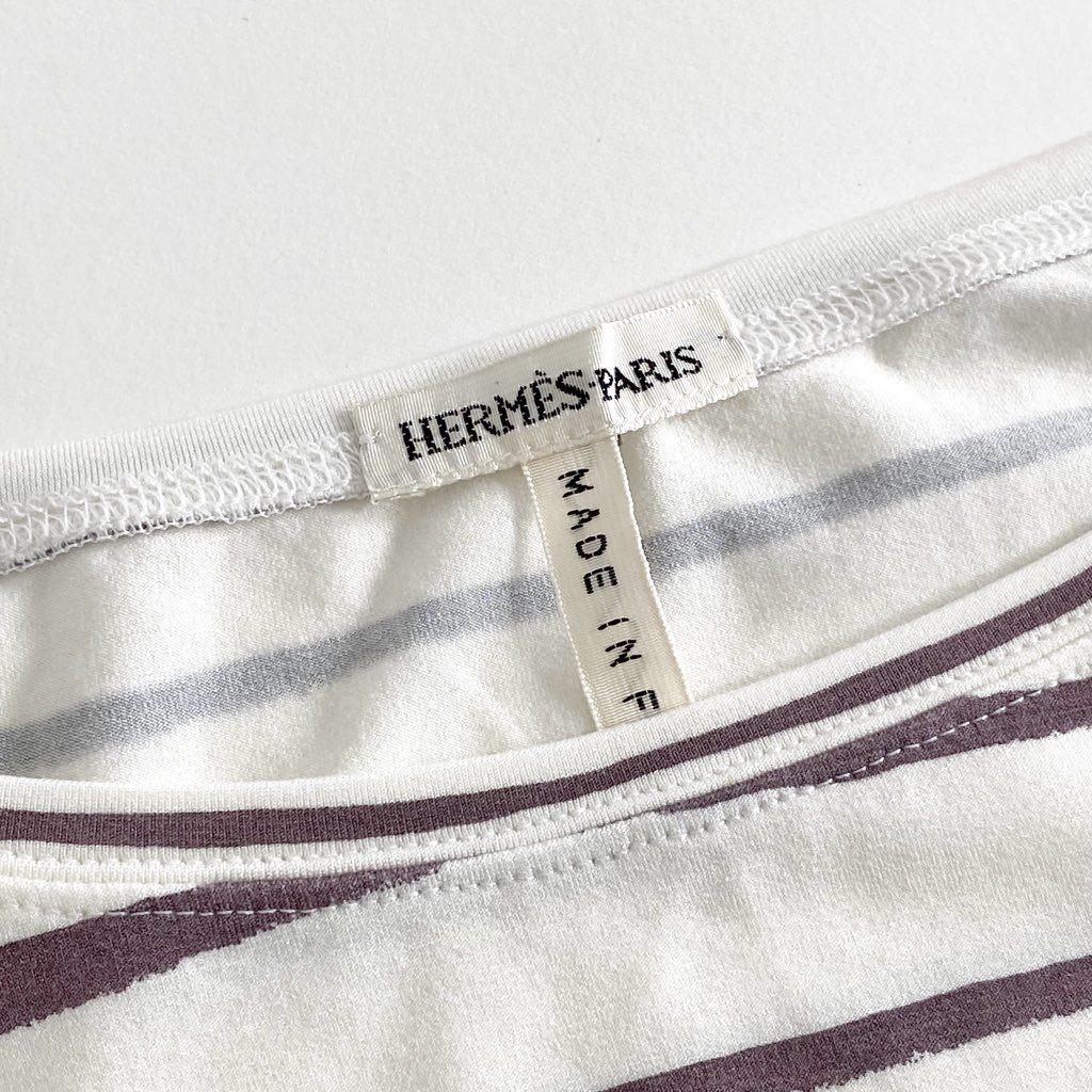 27f20-③ フランス製 HERMES エルメス 裾ロゴプリント 7分袖 ボーダーカットソー トップス 伸縮ストレッチ素材 サイズL パープル系×ホワイト レディース