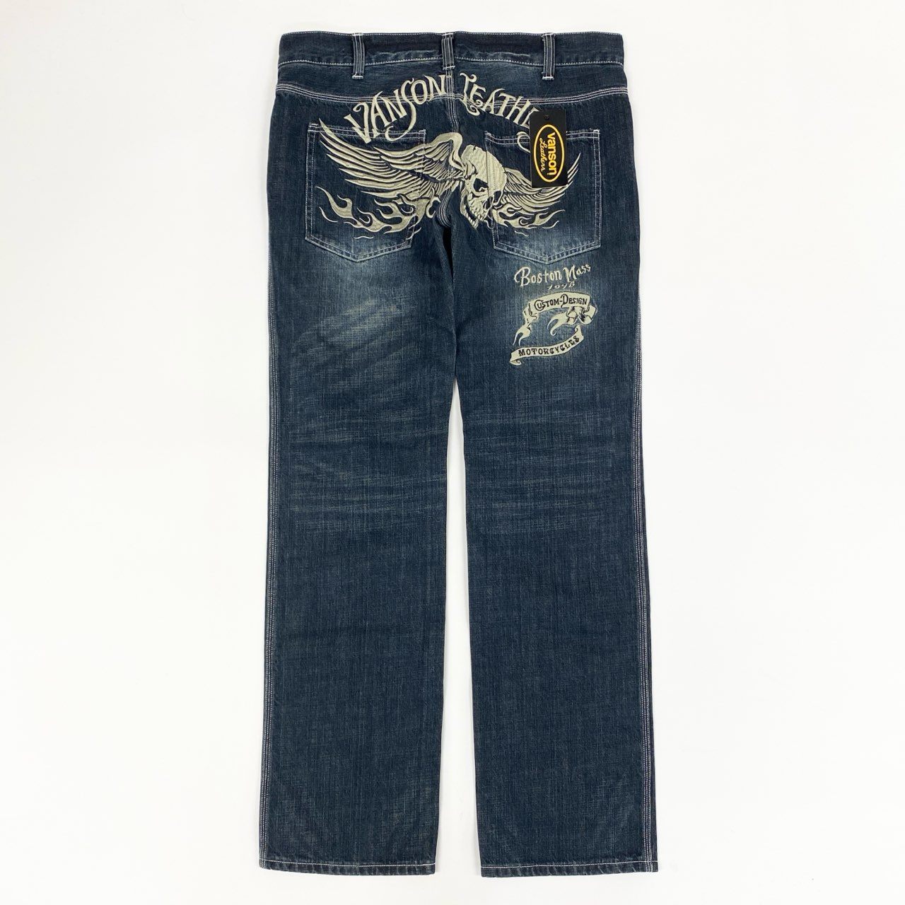 3a27 《未使用保管品》タグ付 VANSON バンソン スカル ウィング 刺繍 USED加工 デニムパンツ ジーンズ ボトムス SP-B-14 34 インディゴブルー コットン