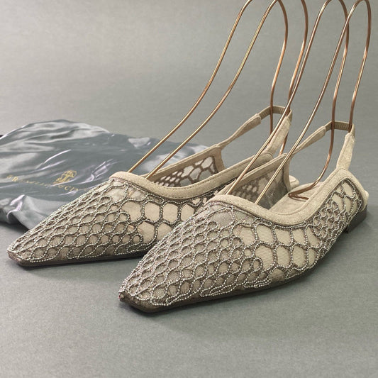 1c6 《美品》 BRUNELLO CUCINELLI ブルネロクチネリ  現行モデル フラットシューズ パンプス スリングバック ビーズ装飾 レース スエード 36 グレー
