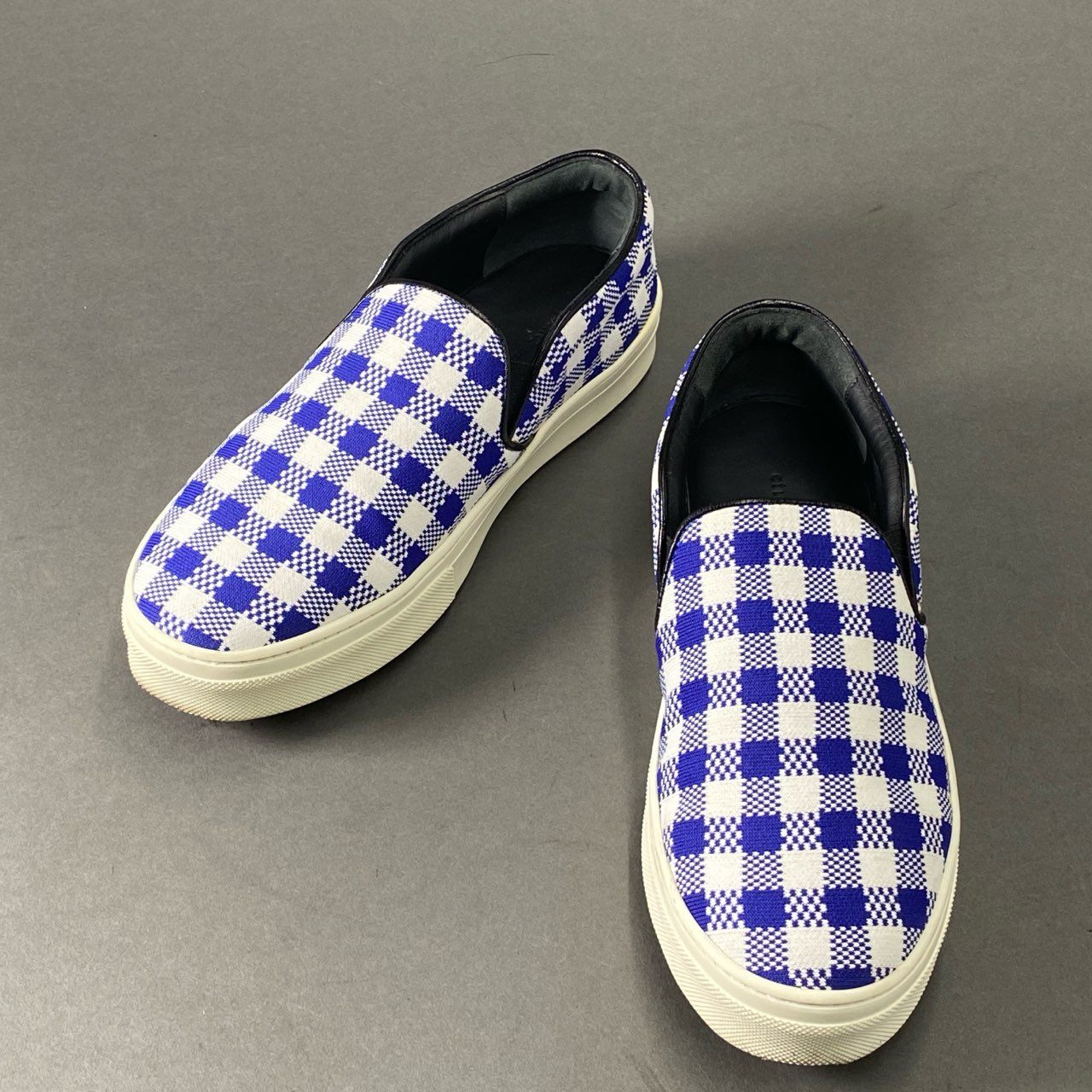 6d1 CELINE セリーヌ イタリア製 スリッポン シューズ ローカットスニーカー チェック柄 37 ブルー ホワイト キャンバス レザー MADE IN ITALY 春夏
