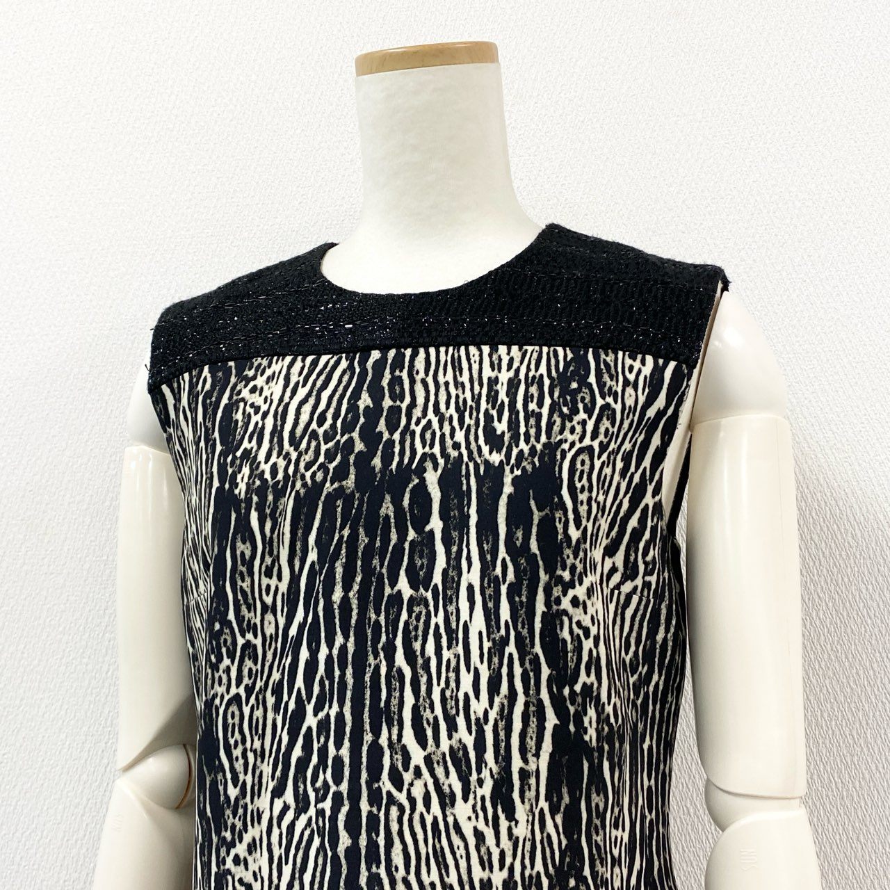 61g23 Giambattista Valli ジャンバティスタ ヴァリ イタリア製 レオパード柄 ツイード切替 ノースリーブワンピース ドレス 40 ブラック ベージュ系 レディース