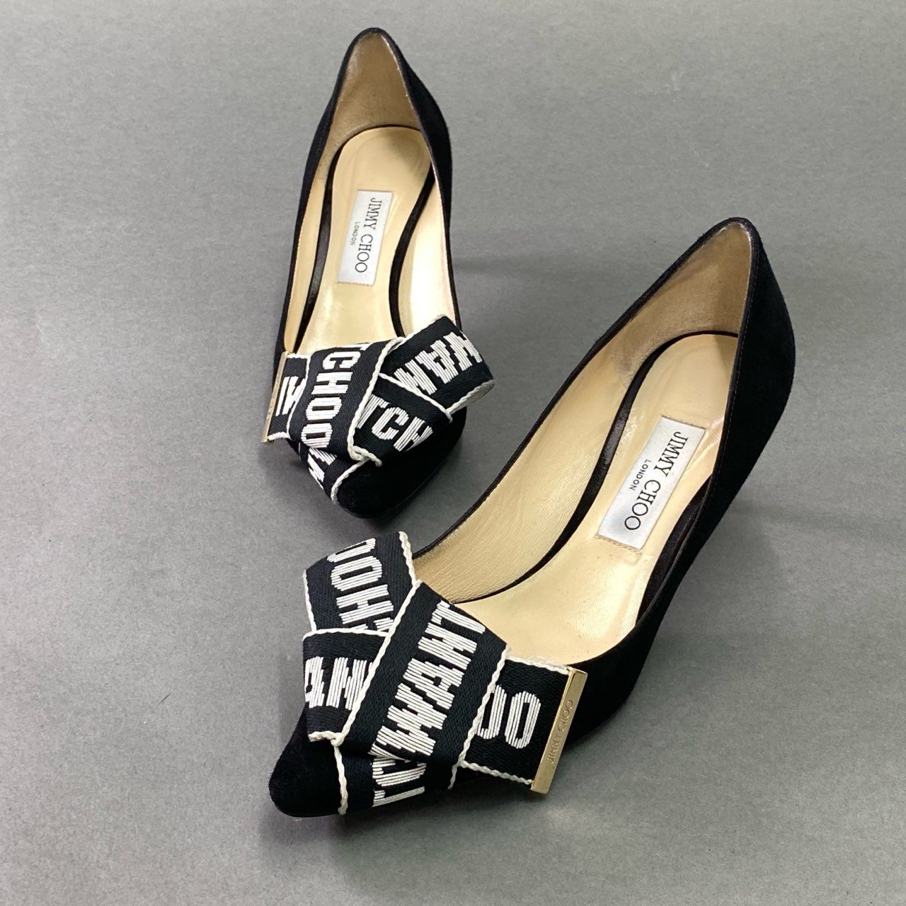 2d21 JIMMY CHOO ジミーチュウ Tegan ティーガン リボンパンプス 39 ブラック スエード シューズ イタリア製