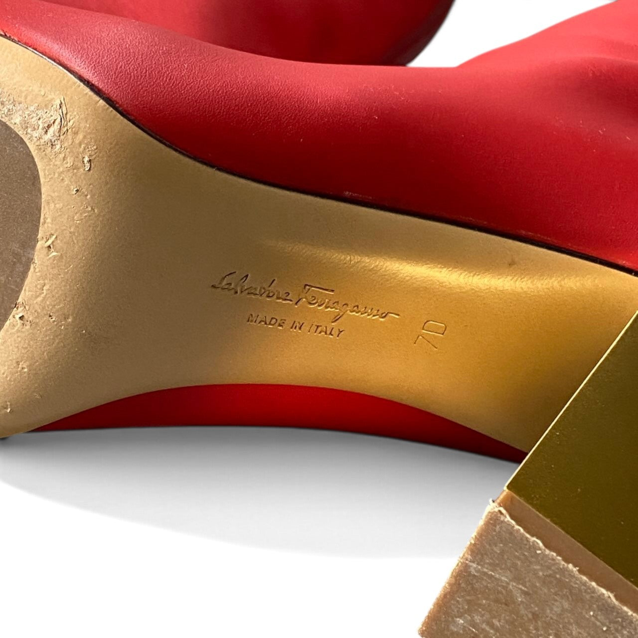 h12【極美品】Salvatore Ferragamo ガンチーニ ロングブーツ チャンキーヒール 7Dサイズ レッド ゴールド レザー レディース 女性用k02i