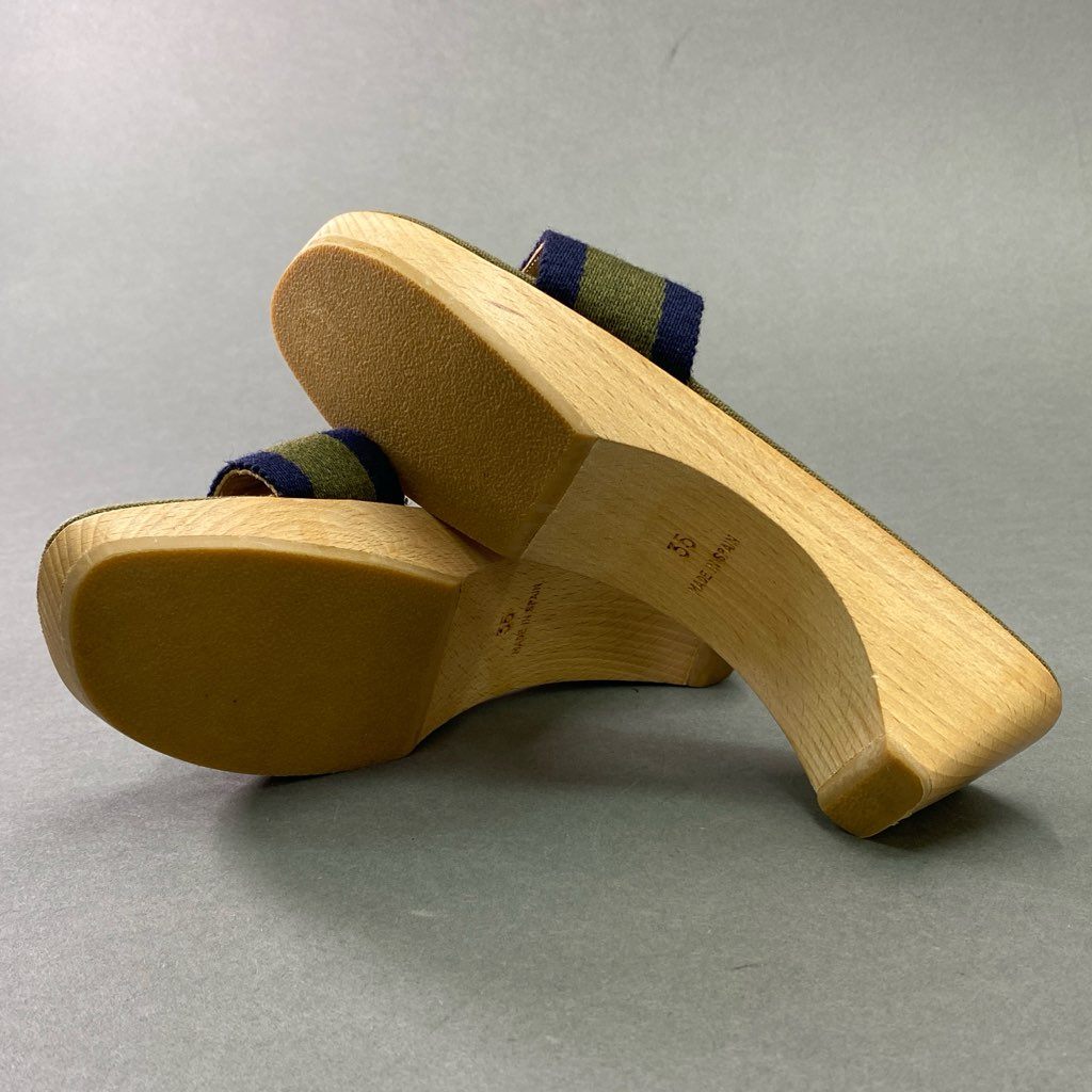 6d6 《美品》 HERMES エルメス マルジェラ期 フールトゥ サンダル 35 カーキ キャンバス エールライン ウッド シューズ スペイン製 夏