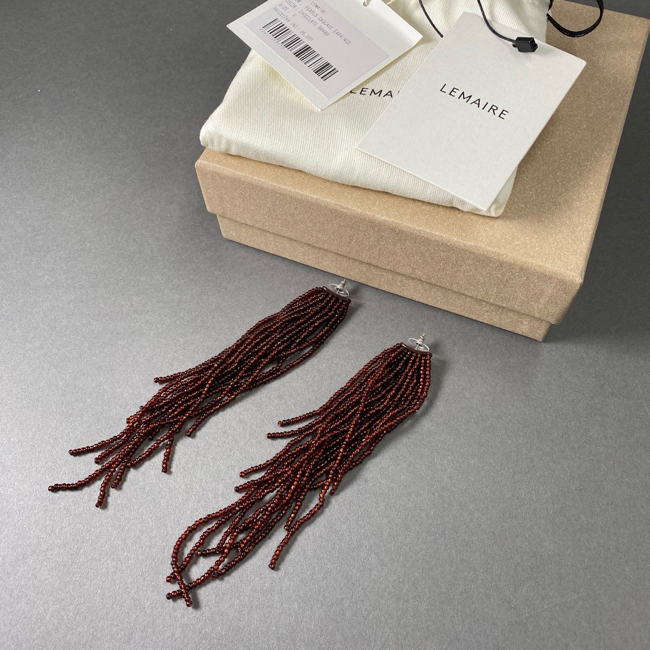 Pf16-2 定価¥36,300 LEMAIRE ルメール PEARLS CASCADE EARRINGS カスカーダ ビーズピアス ブラウン イヤリング アクセサリー フリンジ 箱付き