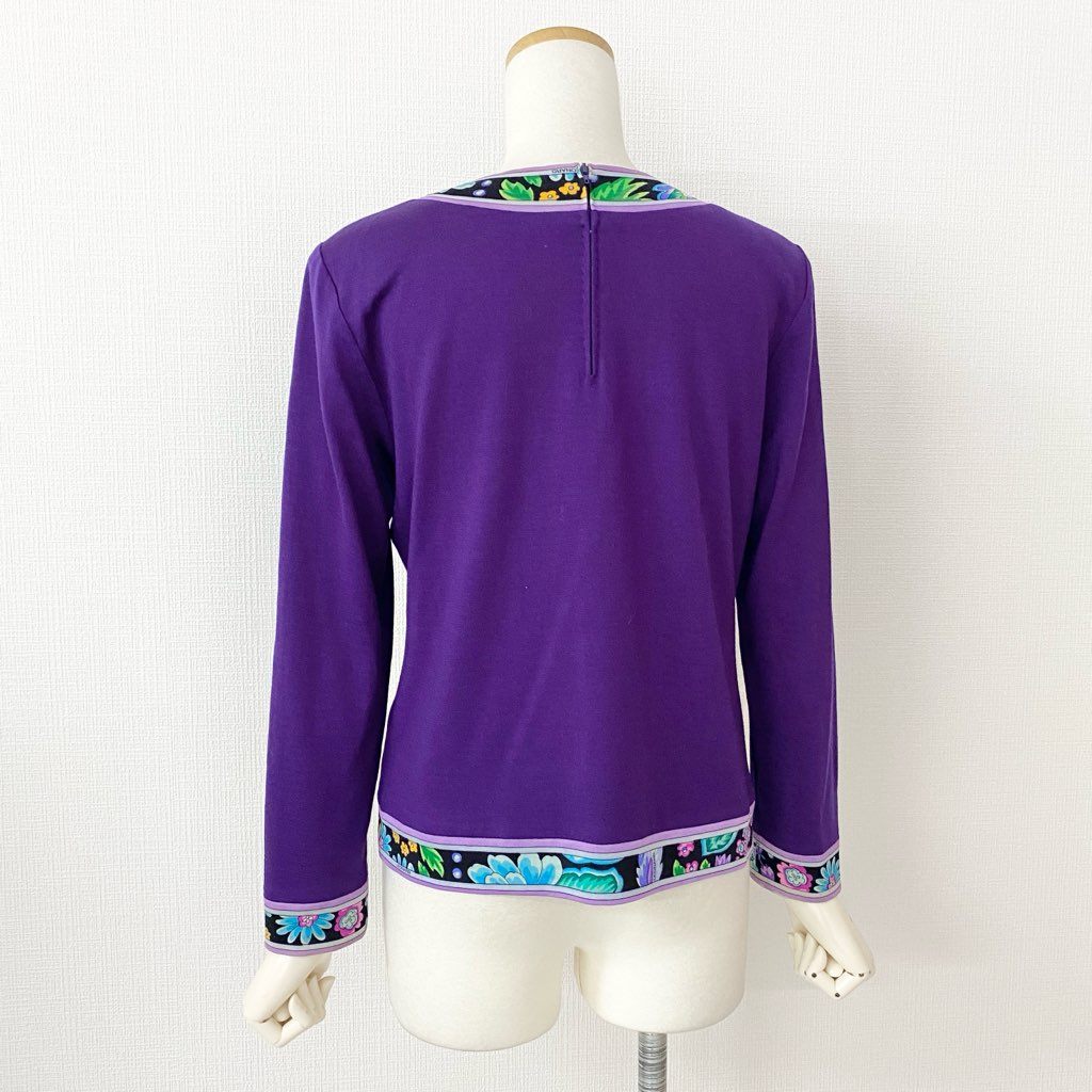 34d10 LEONARD レオナール ハイゲージ ニット セーター 美しい花柄プリント切替 サイズL パープル ウール100% レディース 日本製