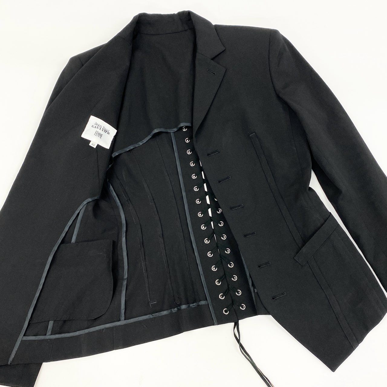57h4 Jean Paul GAULTIER ジャンポールゴルチエ レースアップ テーラードジャケット 薄手 デザイン◎ サイズ40 ブラック レディース
