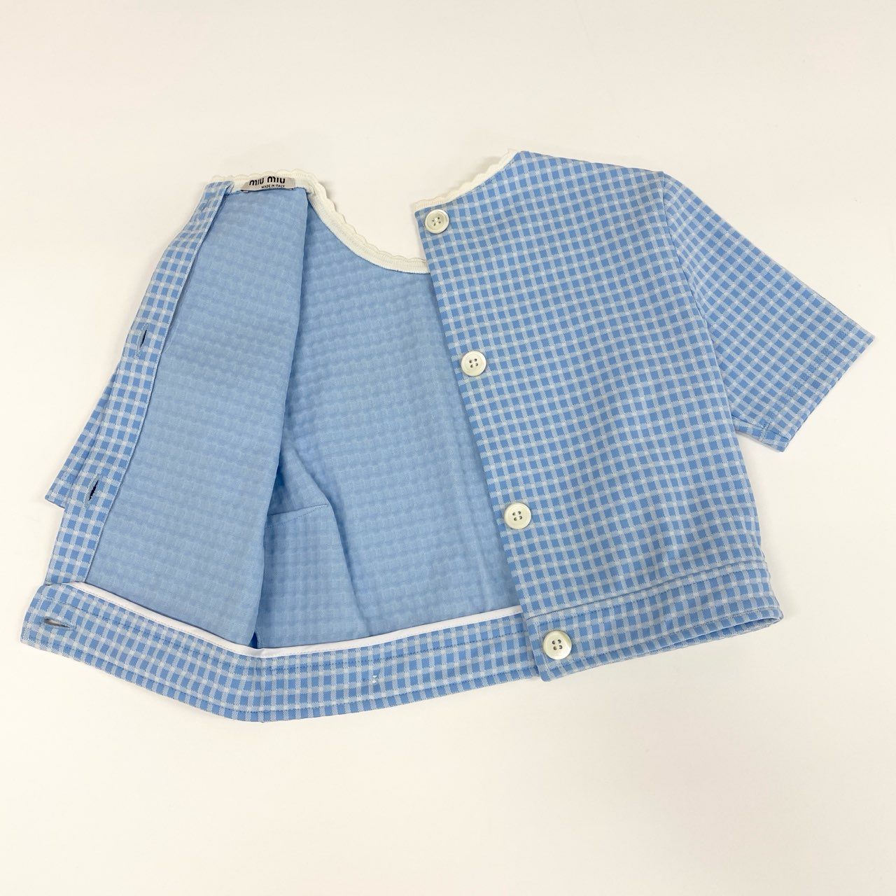 77f24 miu miu ミュウミュウ イタリア製 ギンガムチェック 半袖ニット トップス MJN172 XSサイズ ブルー レディース