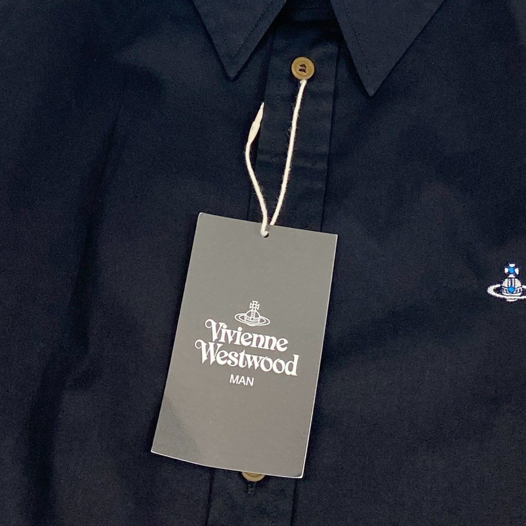 9f8 《新品保管品》 Vivienne Westwwod MAN ヴィヴィアンウエストウッド マン 胸元オーブ刺繍 長袖シャツ トップス チェック切替 サイズ46 ブラック コットン100% メンズ 紳士服