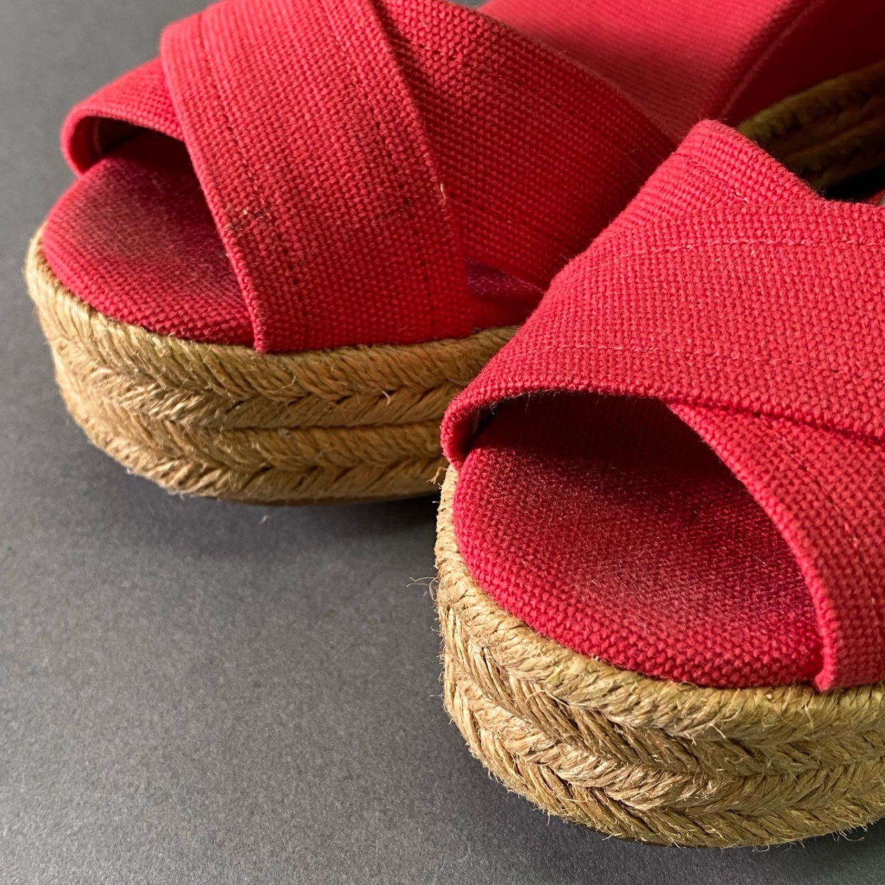 1d22 TORY BURCH トリーバーチ エスパドリーユ レザー キャンバスサンダル 7B レッド 刺繍ロゴ シューズ 夏 スペイン