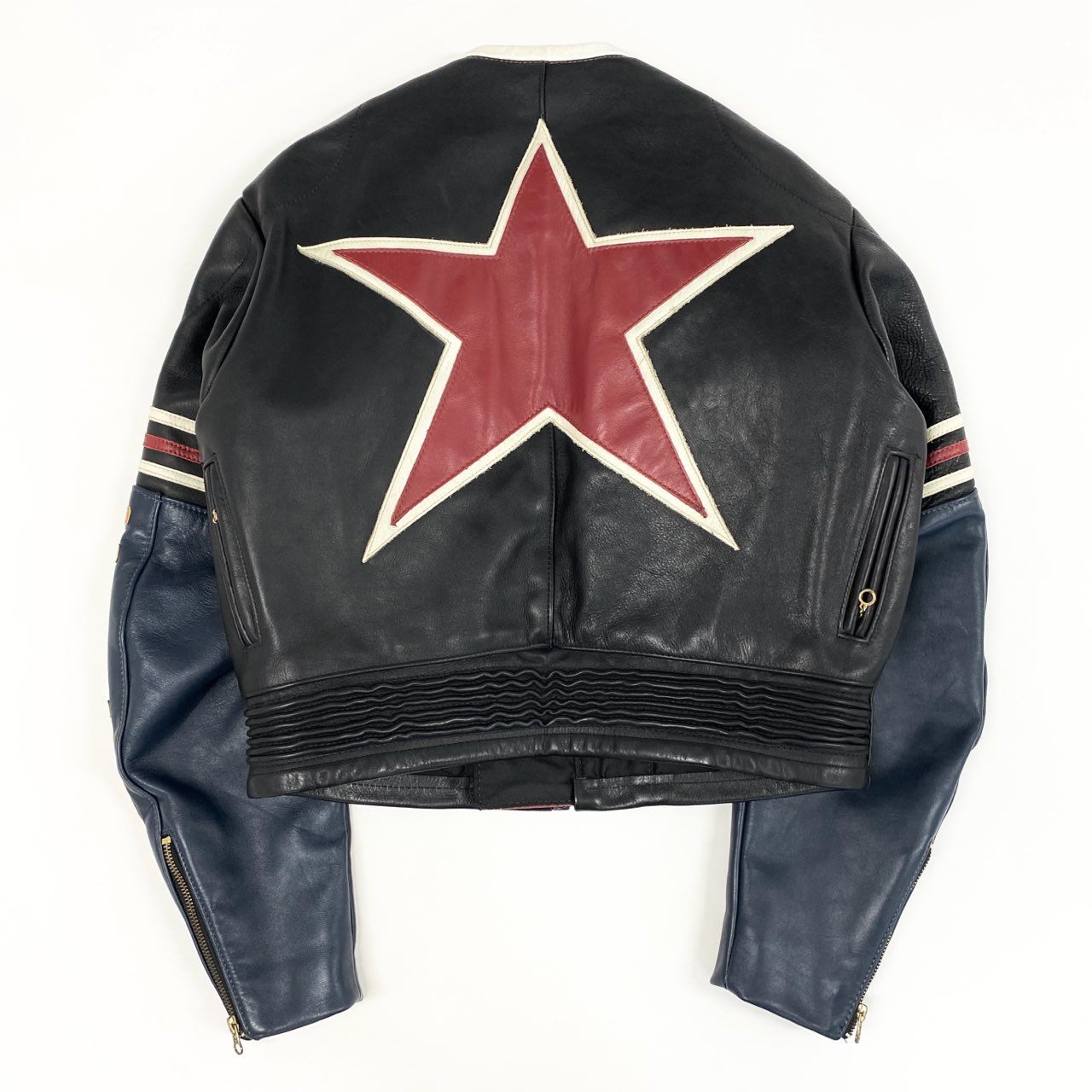 49f2 VANSON バンソン USA製 BOSTON MASS ワンスター シングルライダースジャケット レーシング ワッペン 42 ブラック マルチカラー レザー