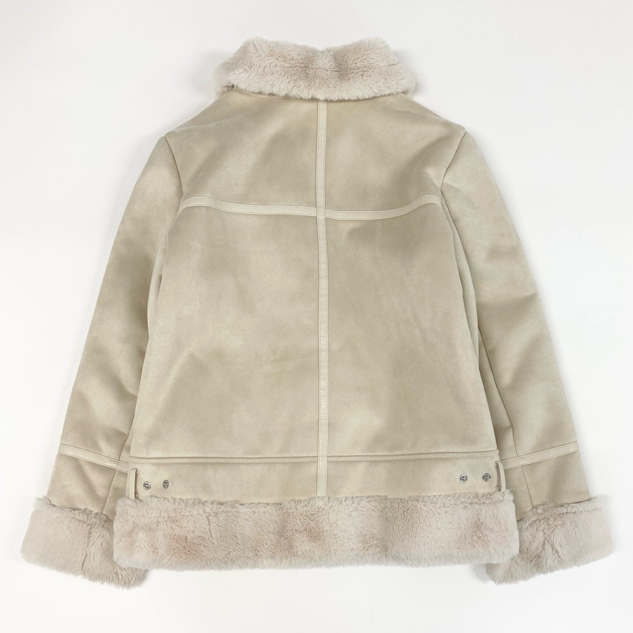 12f11 《美品》 LAUREN RALPH LAUREN ローレンラルフローレン フェイクムートン ライダースジャケット アウター フェイファー ボア Lサイズ ベージュ系 レディース
