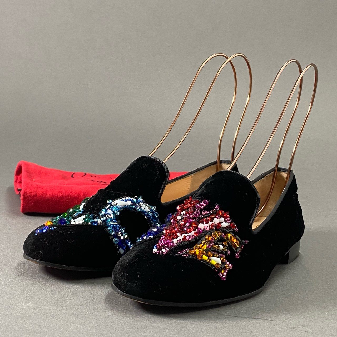3i27 Christian Louboutin クリスチャンルブタン LOVE ビーズ ベルベット スリッポン シューズ パンプス フラット イタリア製 36 ブラック マルチカラー ベロア