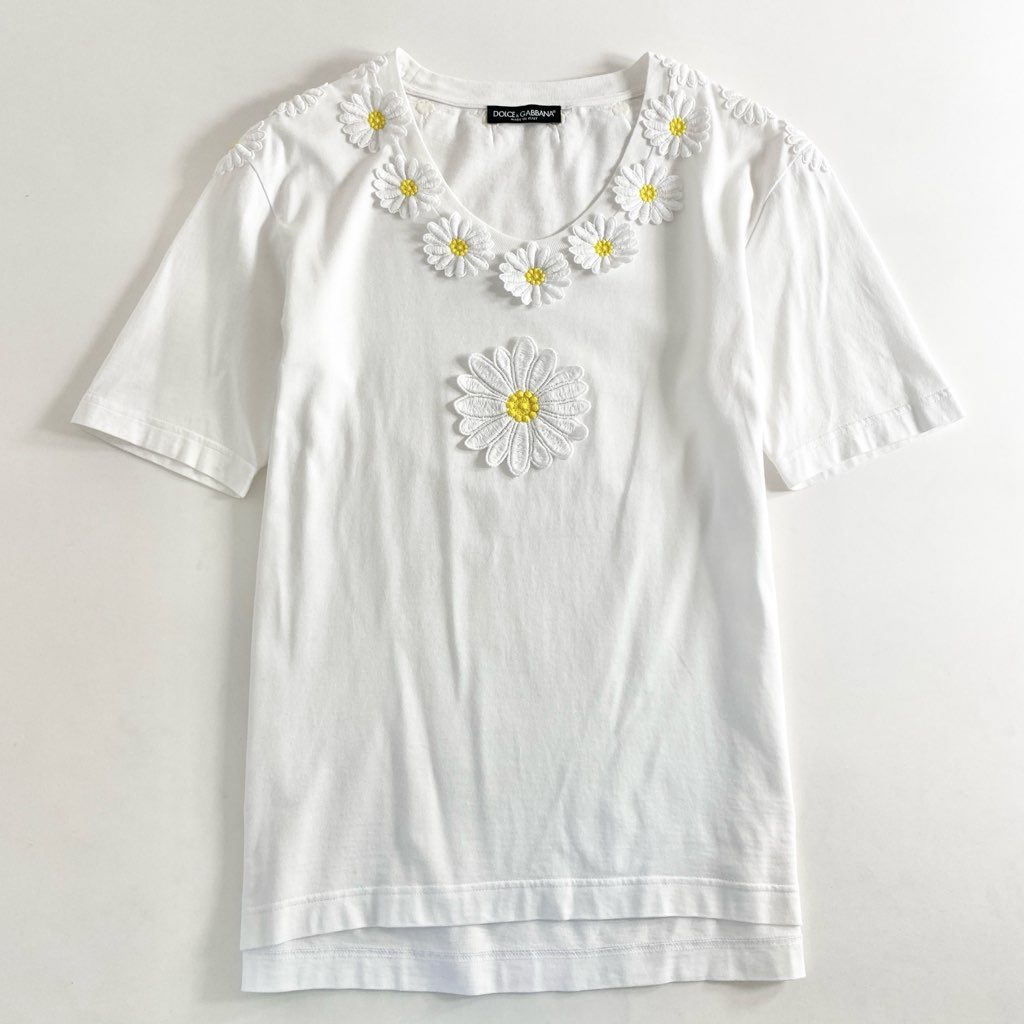 23f8 DOLCE&GABBANA ドルチェ&ガッバーナ フラワー刺繍 立体装飾レース Tシャツ 半袖カットソー サイズ38 ホワイト レディース