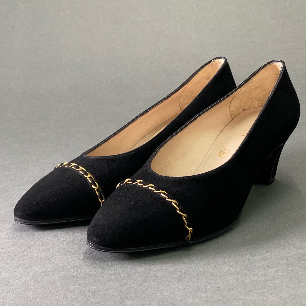 4e2 《美品》 CHANEL シャネル チェーントゥ スエードパンプス 36 1/2 ブラック レザー シューズ イタリア製 レトロ ヴィンテージ
