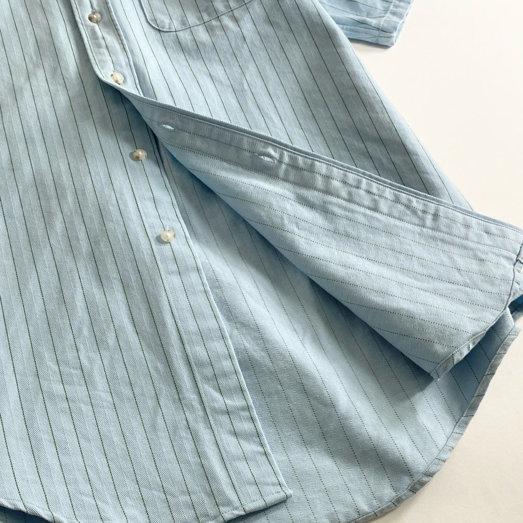 53h13 日本製 DRESS ドレス にしのや 半袖シャツ ボタンダウンシャツ ストライプ オーバーサイズ サイズM ライトブルー×グリーン コットン100% メンズ 男性用
