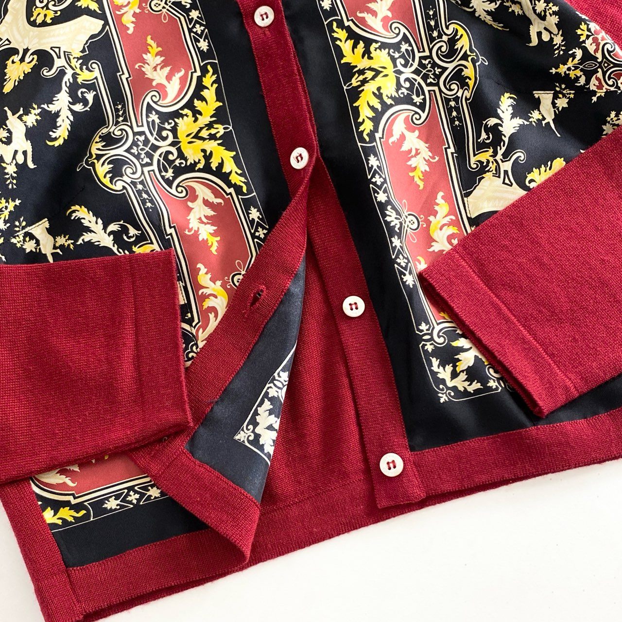 10h30 《美品》 イタリア製 ETRO エトロ シルク100% シルクプリント切替 ウールニット カーディガン サイズ44 レッド レディース 婦人服
