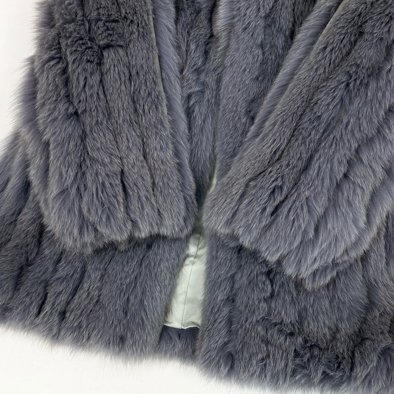 51k19 染め ブルーフォックス ファーコート パープル系 本毛皮 FOX FUR リアルファー 裏地刺繍 ポケット有t18r