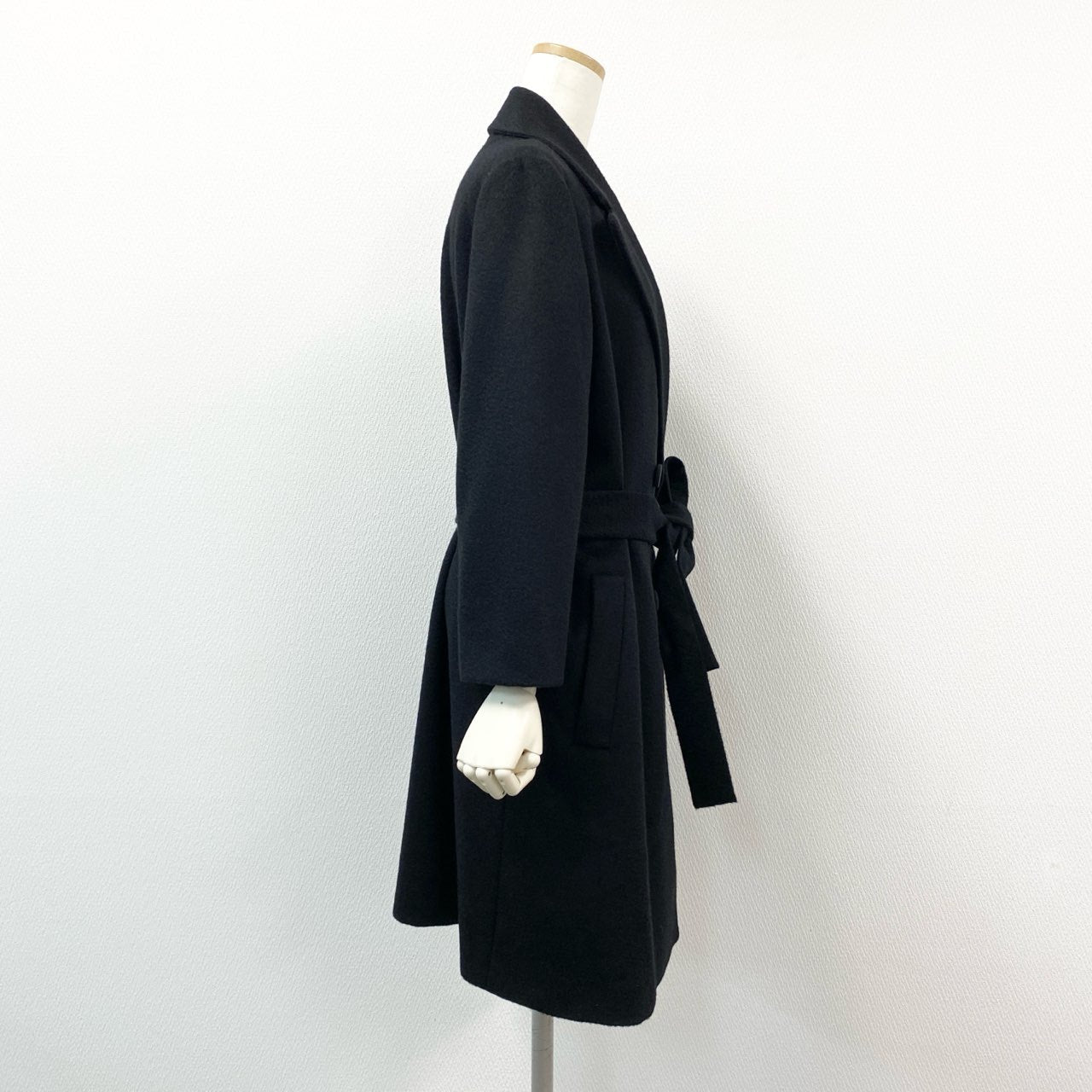 61g23 LANVIN COLLECTION ランバンコレクション 総カシミヤ ダブルプレスト チェスターコート ベルテッドロングコート 42 ブラック カシミア100 レディース