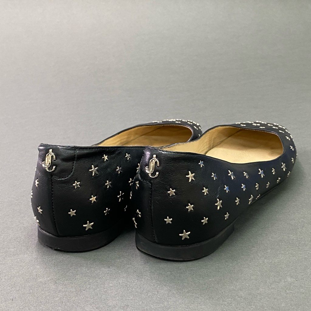 7d7 JIMMY CHOO ジミーチュウ スタースタッズ フラットシューズ パンプス JCロゴ レザーパンプス 星柄 スクエアトゥ 38 ブラック