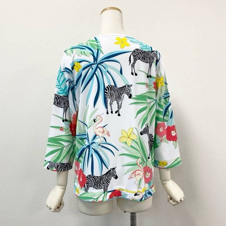 80g23 【美品】 LEONARD レオナール 長袖カットソー トップス ゼブラ アニマル柄 花柄 ストレッチ レディース 女性用 0538084 42 ホワイト マルチカラー