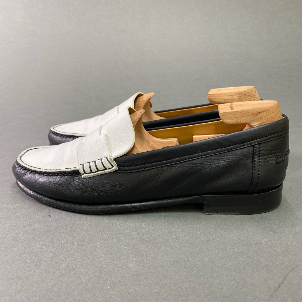 3d5 《美品》 HERMES エルメス ケネディ Hロゴ モカシン ローファー 36 1/2 ホワイト ブラック レザー 革靴 シューズ イタリア製