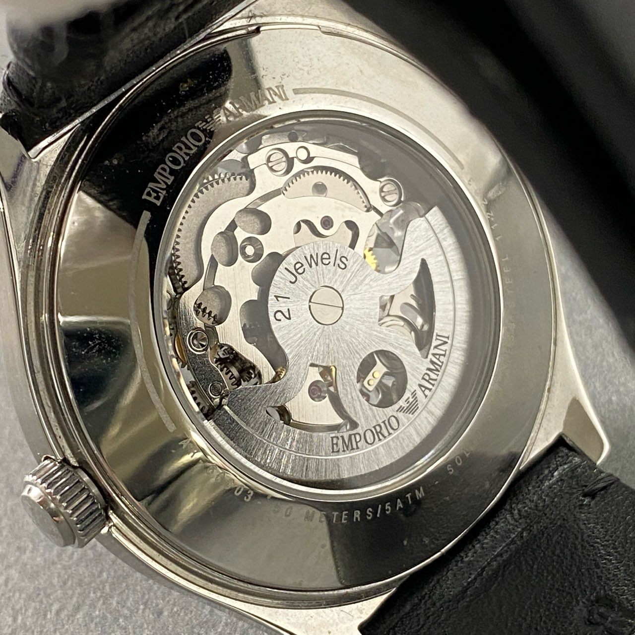 h2 EMPORIO ARMANI エンポリオアルマーニ ウォッチステーションインターナショナル 自動巻き 腕時計 AR60003 シルバー ブラック スケルトンダイアル MECCANICO 稼働品