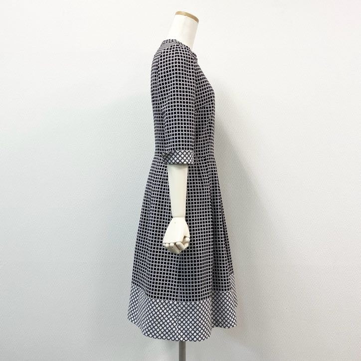 64g24【美品】 Leilian レリアン 七分袖ワンピース プリーツスカート モノクロ ウエスト切替 日本製 レディース 女性用 9 ブラック×ホワイト_