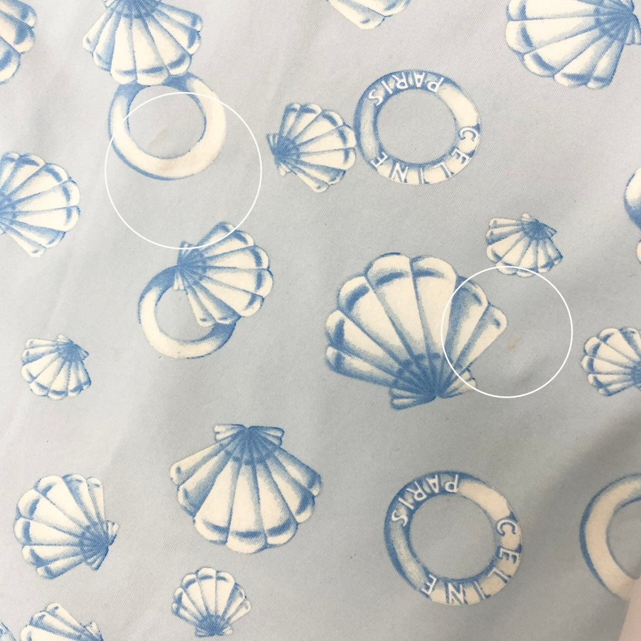 Ic30 CELINE セリーヌ マリン柄 半袖Tシャツ クルーネック カットソー 総柄 伸縮ストレッチ レディース 女性服 ライトブルーu02tu02t