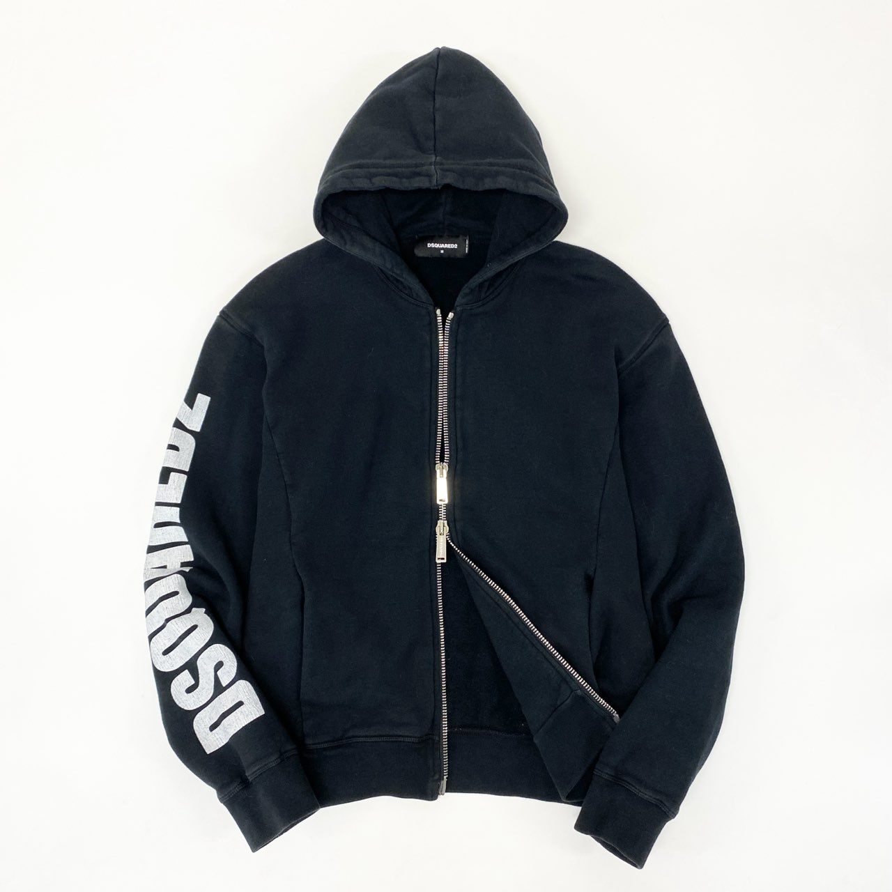44h26 DSQUARED2 ディースクエアード イタリア製 サイドロゴプリント ジップアップパーカー フーディ S74HG0069 Mサイズ ブラック コットン メンズo07t