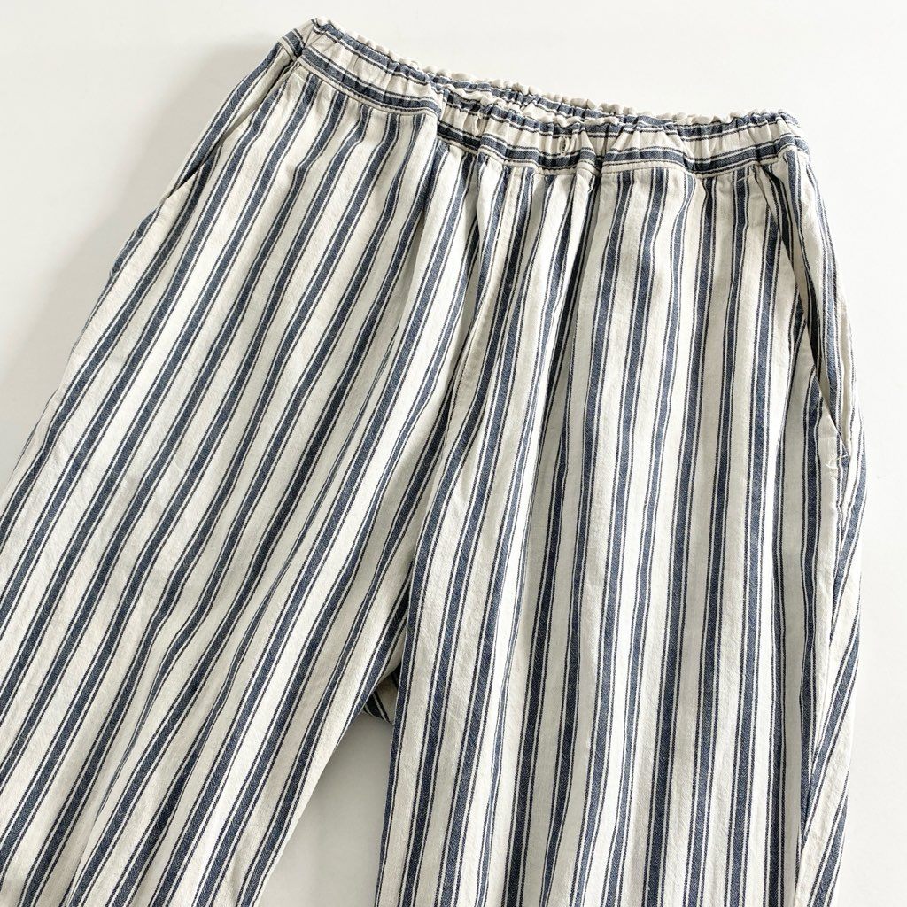 6d7 bisque by nest robe ビスクバイネストローブ 日本製 ストライプ イージーパンツ ボトムス フリーサイズ F オフホワイト 生成 ブルー リネン コットン リネンブレンド