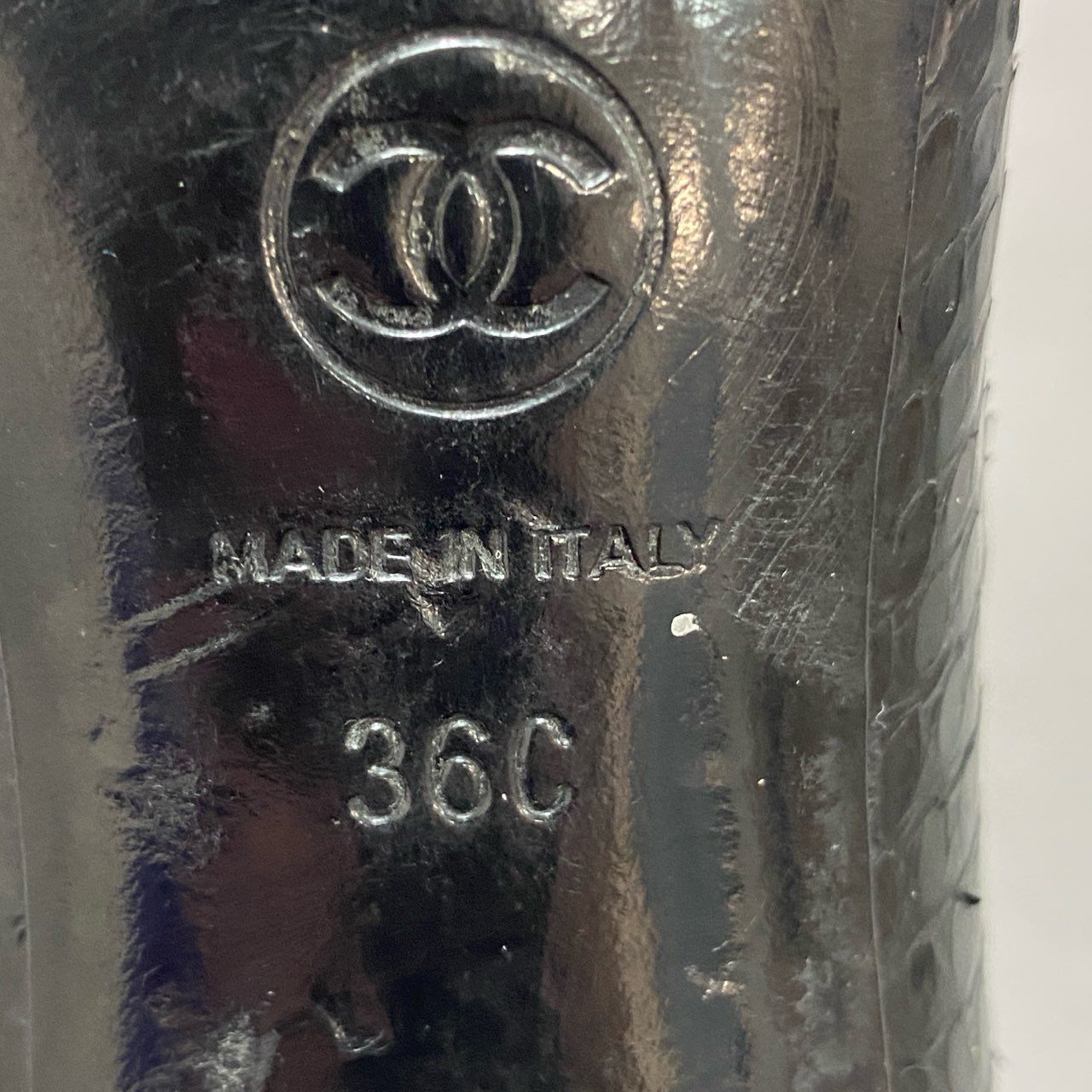 1d15 CHANEL シャネル ココマーク オープントゥ チェーン パンプス ヒール サンダル パイソン シューズ イタリア製 G26431 36 ブラック