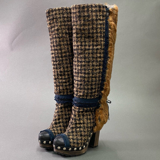 1c3 CHANEL シャネル ツイード × リアルファー ロングブーツ ヒールブーツ チャンキーヒール ココマーク スタッズ イタリア製 レディース 36 1/2