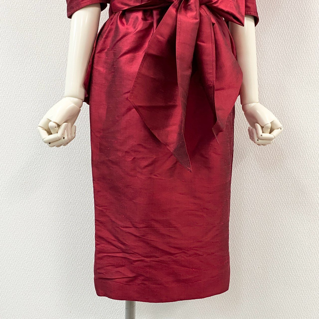 65g18 【Vintage】Thierry Mugler ティエリーミュグレー シルク100 デザインワンピース 半袖ドレス サイズ9 レッド系 レディース 女性用