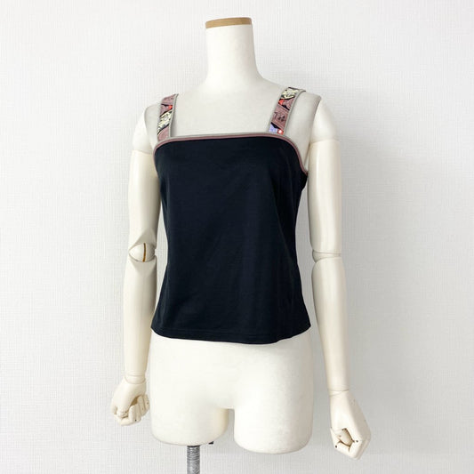 8e8 LEONARD レオナール ノースリーブトップス カットソー 美しいプリント切替 サイズM ブラック マルチカラー コットン100% レディース 日本製