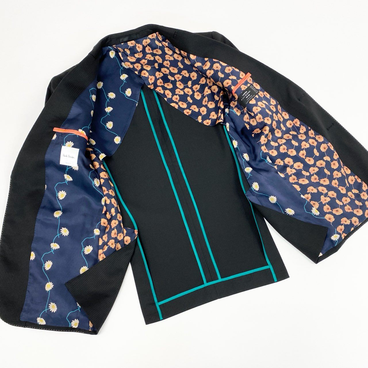 51a15 《美品》 Paul Smith ポールスミス 裏地花柄 シングルスーツ セットアップ テーラードジャケット/スラックス チェルッティ生地 サイズM ブラック ストライプ メンズ 日本製