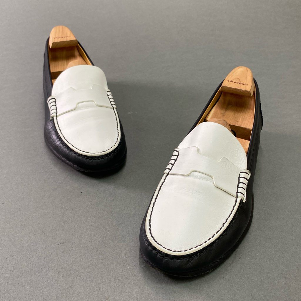 3d5 《美品》 HERMES エルメス ケネディ Hロゴ モカシン ローファー 36 1/2 ホワイト ブラック レザー 革靴 シューズ イタリア製