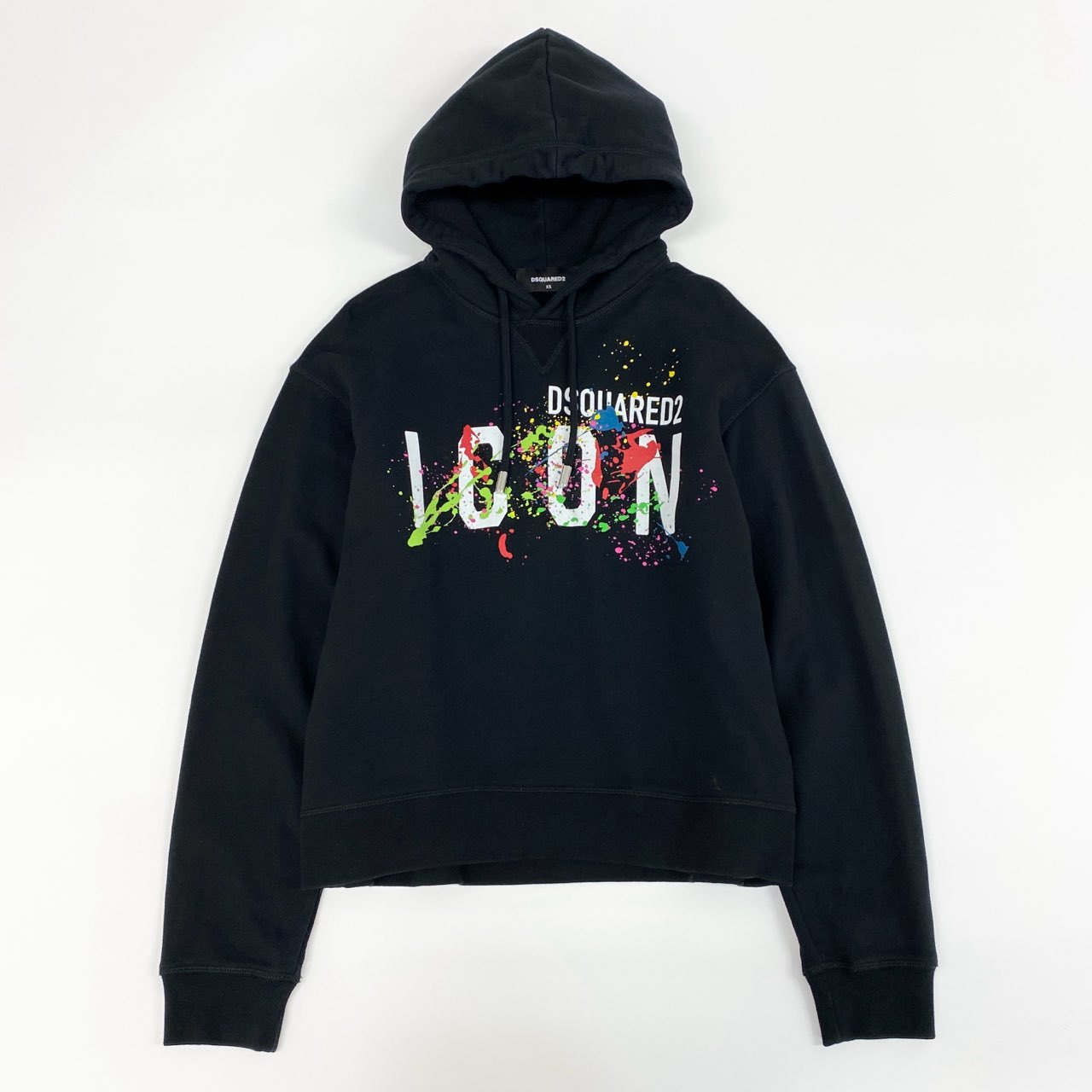 84e30 DSQUARED2 ディースクエアード 22AW Icon Splatter Hoodie アイコンロゴ プリント パーカー フーディ プルオーバー S80GU0067 XSサイズ ブラック コットン